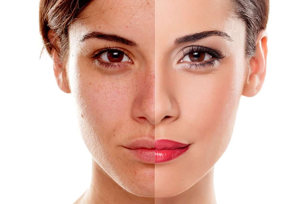 Comparison portrait of a woman without and with makeup